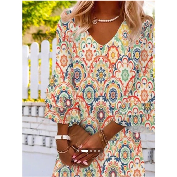 Chic Dress 3/4 Length Sleeve Multicolor Casual Summer Mini Dress Blue Orange - Picture 3 of 10
